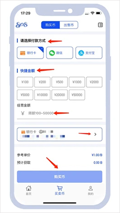 808pay钱包买币步骤2-选择付款方式,根据页面显示快捷金额,或手动输入您需要的金额,选择付款方式,点击购买币